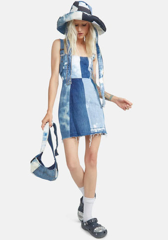 Reworked Denim Checkerboard Bleached Mini Dress