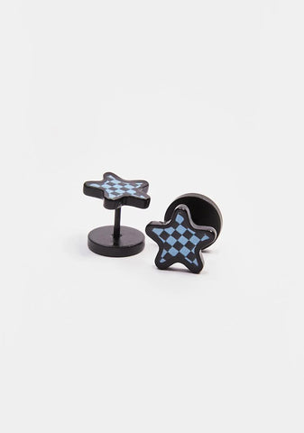 Star Studded Checkered Faux Plug Earrings