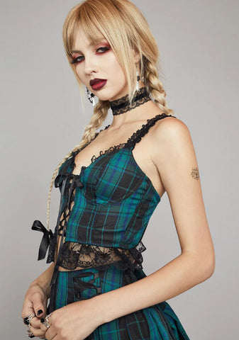 Teal Charm School Dropout Plaid Corset Top