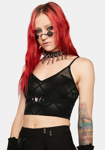 Heart Shape Decorative Buckle Gauze Spliced Plaid Crop Top