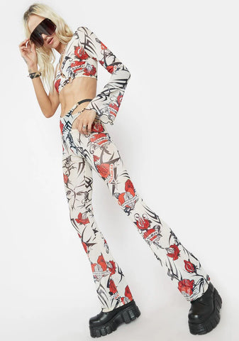 Beige Tattoo Rose Speed Racer Mesh Pants