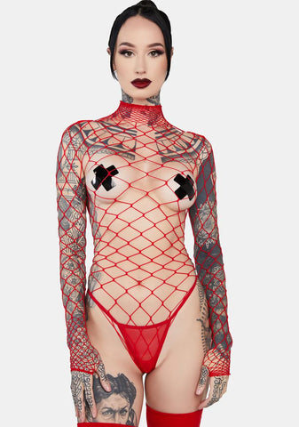Red Dancing All Night Fishnet Bodystocking