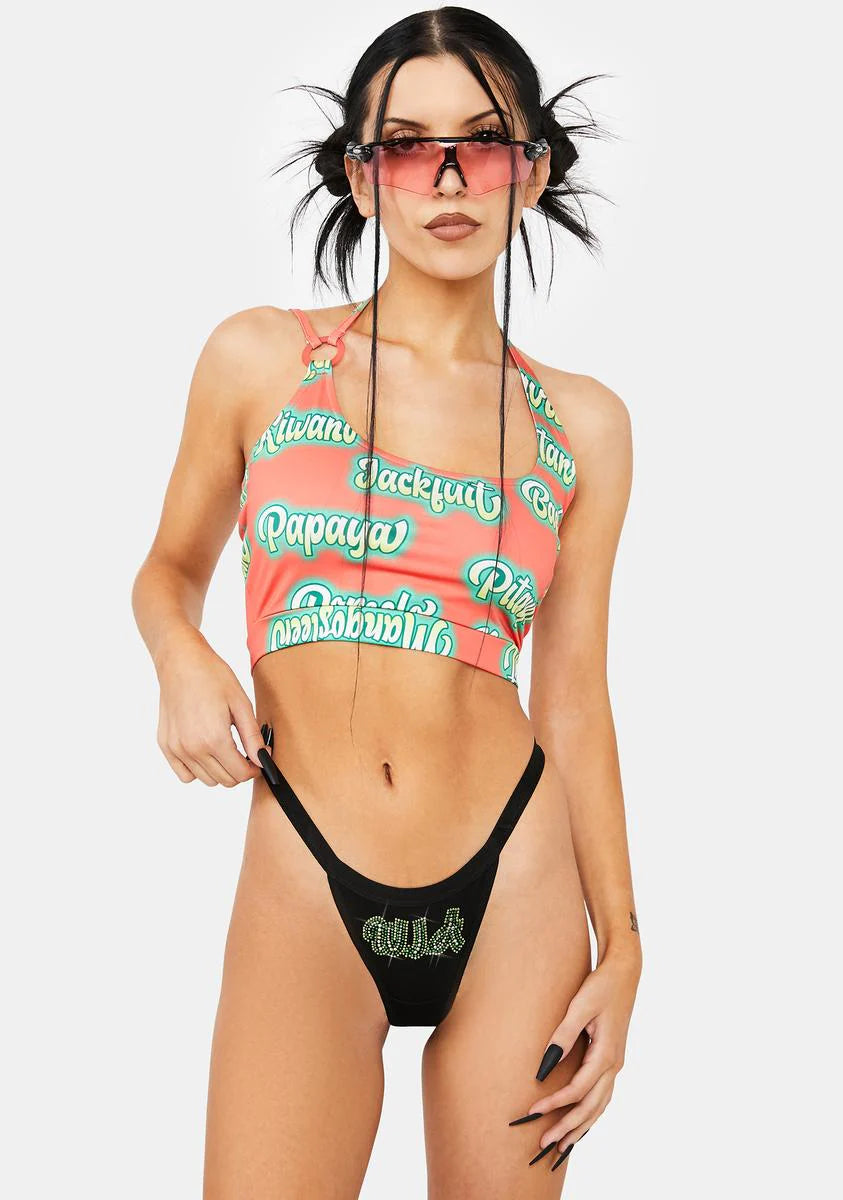 Fave Fruit Crystal Strass Black Thong