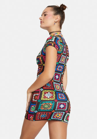 Retro Realness Crochet Print Dress