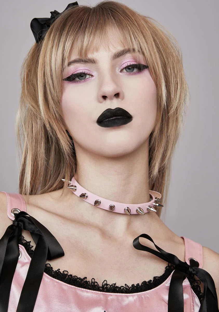 Pink Spiked Vegan Leather Choker