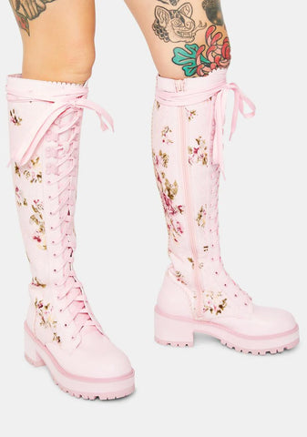 On The Vine Floral Lace Knee High Combat Boots