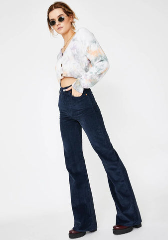 Navy Blue Ribcage Wide Leg Corduroy Pants