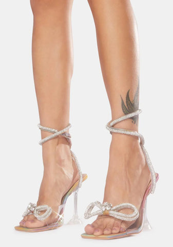 Holographic Glimmer Wrap Around Diamante Bow Heels