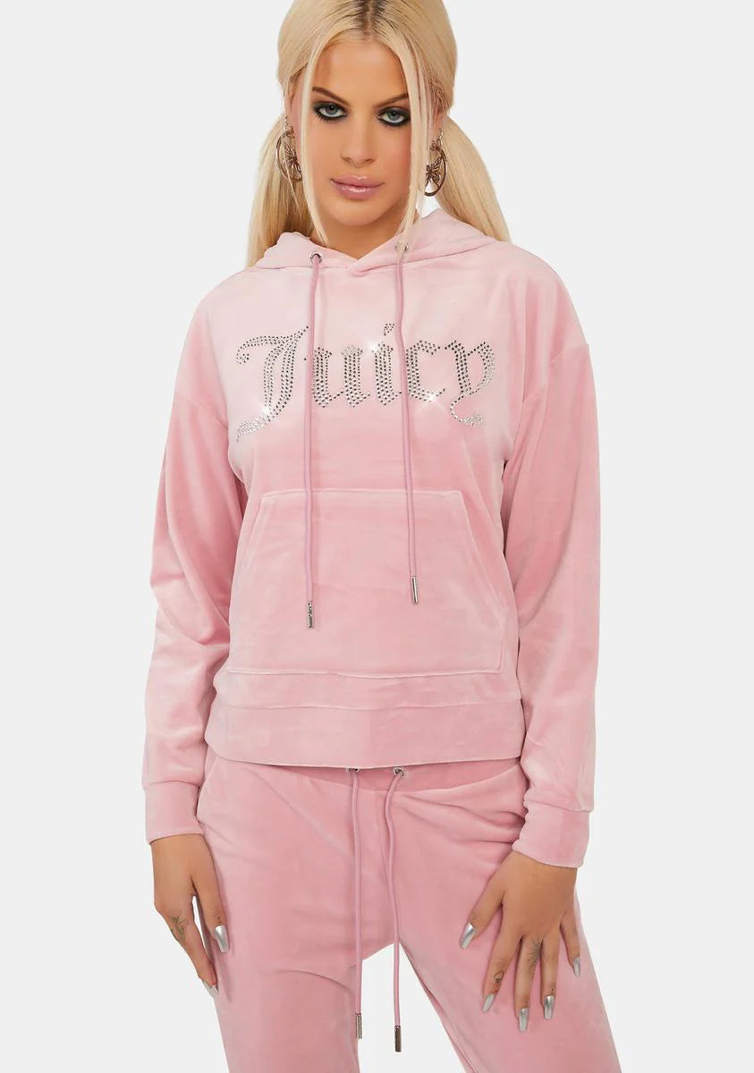Rose Oversized Big Bling Velour Hoodie