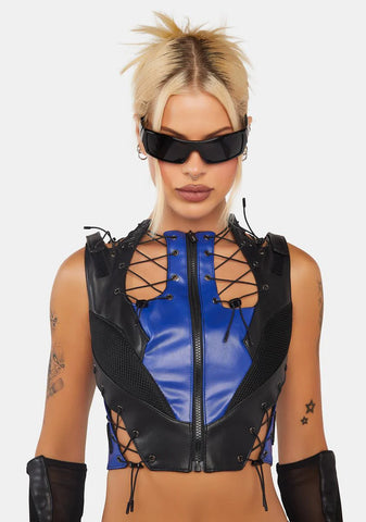 Blue Moto Lace-Up Top