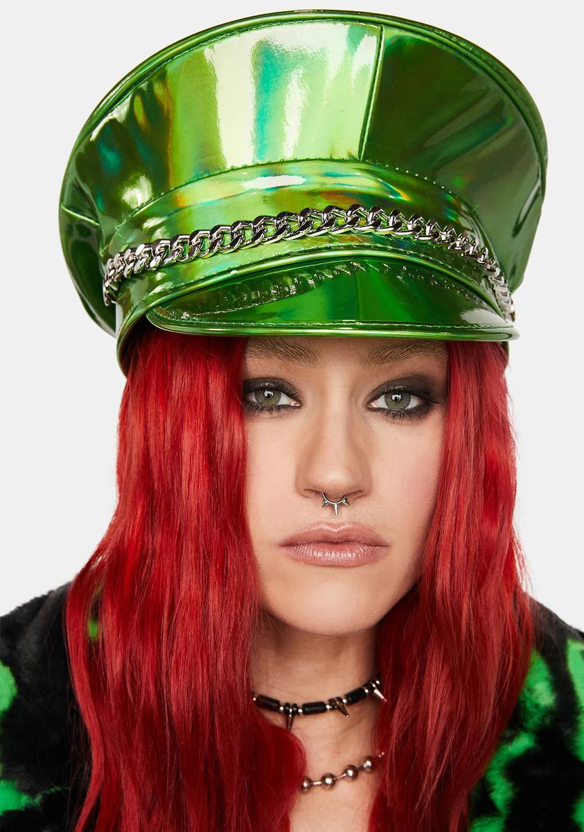 Green Holographic Chain Captain Hat