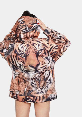 Tiger Face Print Oversized Hoodie