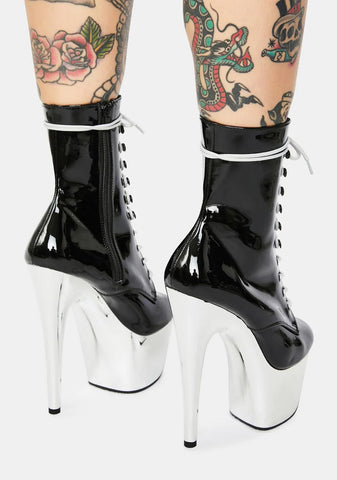 Black And Chrome Adore Lace Up Heels