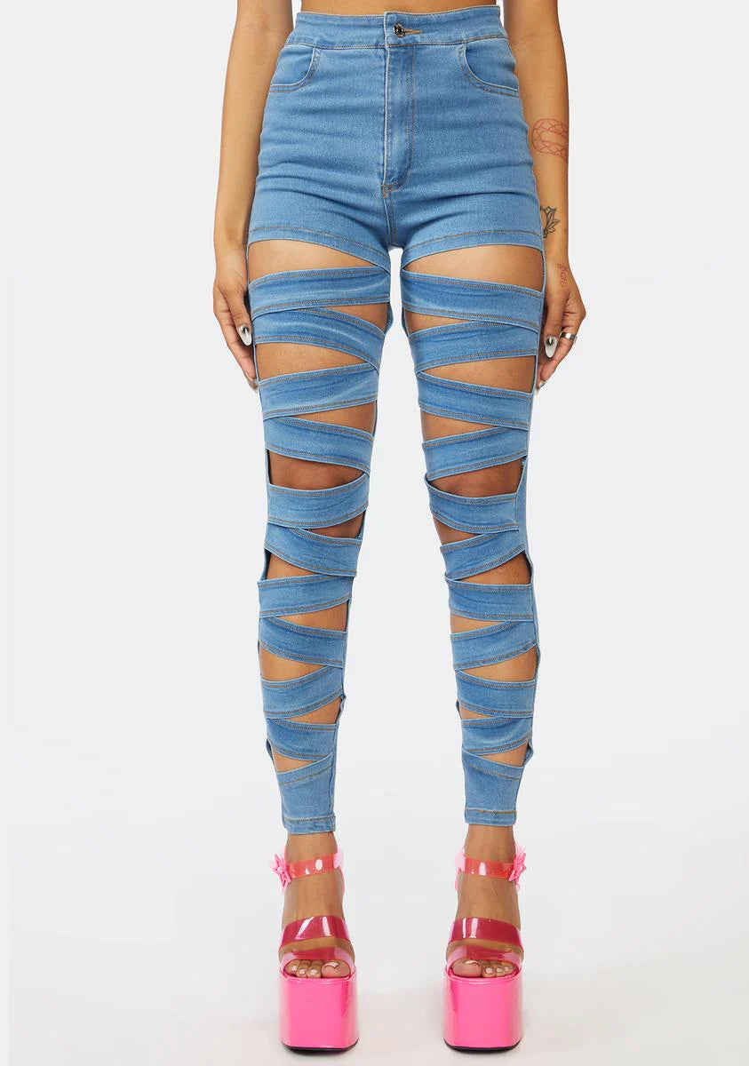 Denim Dripping In Finesse Cutout Skinny Pants