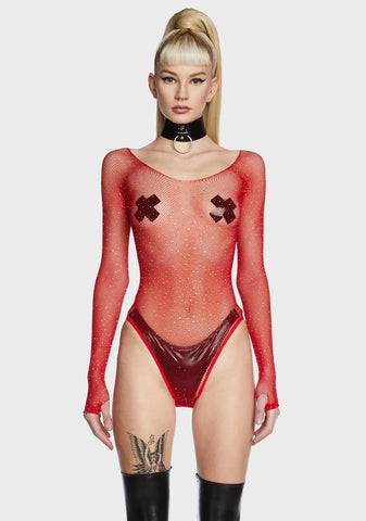 Cherry Frozen Ice Rhinestone Fishnet Bodysuit