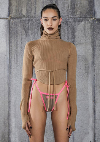 Snare Tan Open Back Turtleneck Crop Sweater