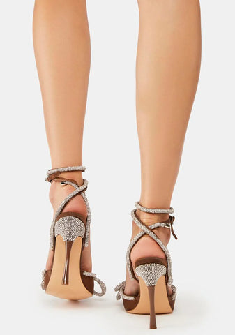 Chocolate Satin Midnight Wrap Around Diamante Bow Heels