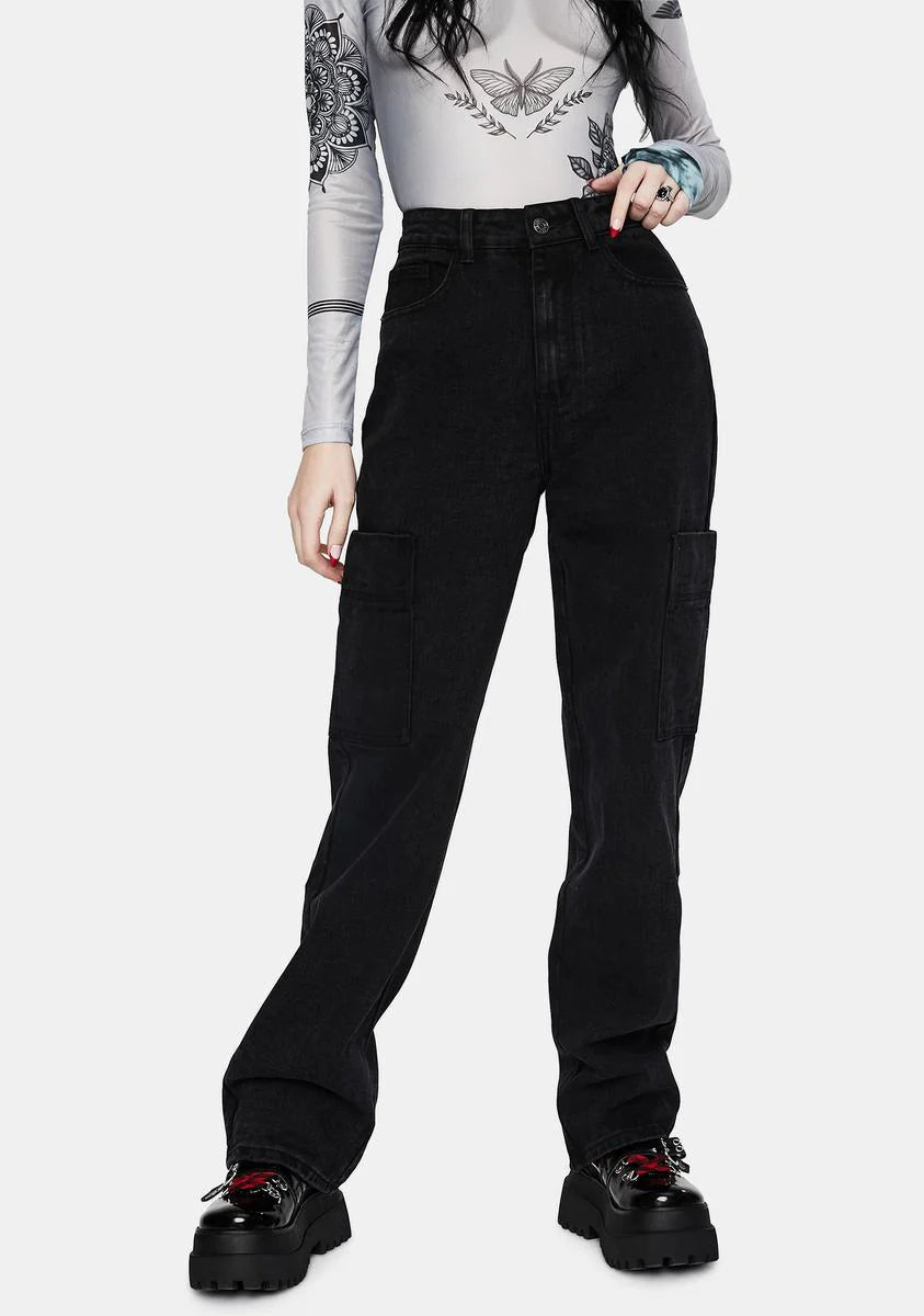 Washed Black Wide Leg Cargo Jeans