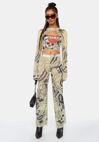 Eagle Skull Mesh Flare Pants