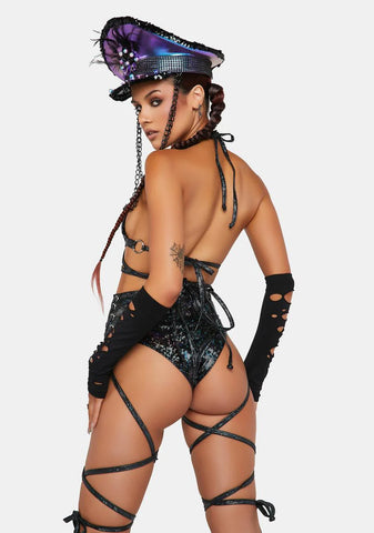 Black Broken Lace-Up Metallic High-Cut Shorts