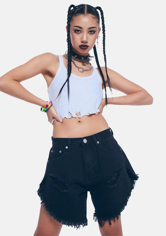 Black High Rise Distressed Denim Shorts