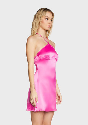 Pink Satin Halter Mini Dress