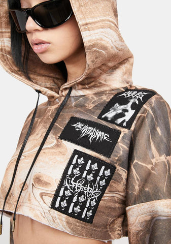 Atmosphere Rockslide Print Patched Crop Hoodie