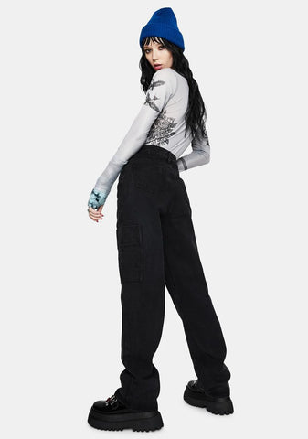 Washed Black Wide Leg Cargo Jeans