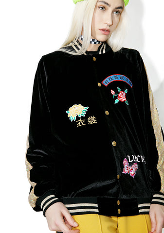 Embroidered Velvet & Sequin Bomber Jacket