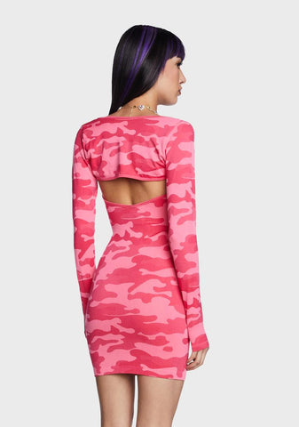 Camo Cut Out Long Sleeve Dress And Shrug