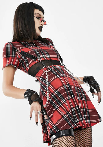 Plaid Mini Dress With Chains