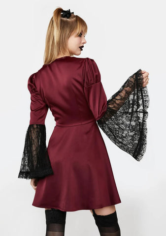 Burgundy Mini Dress With Lace Sleeves