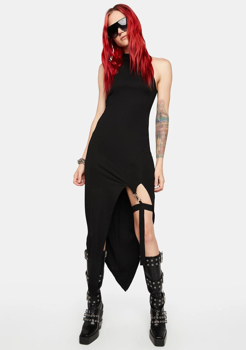 Dark Pointed Hem Dress W/ Detachable Leg Loops