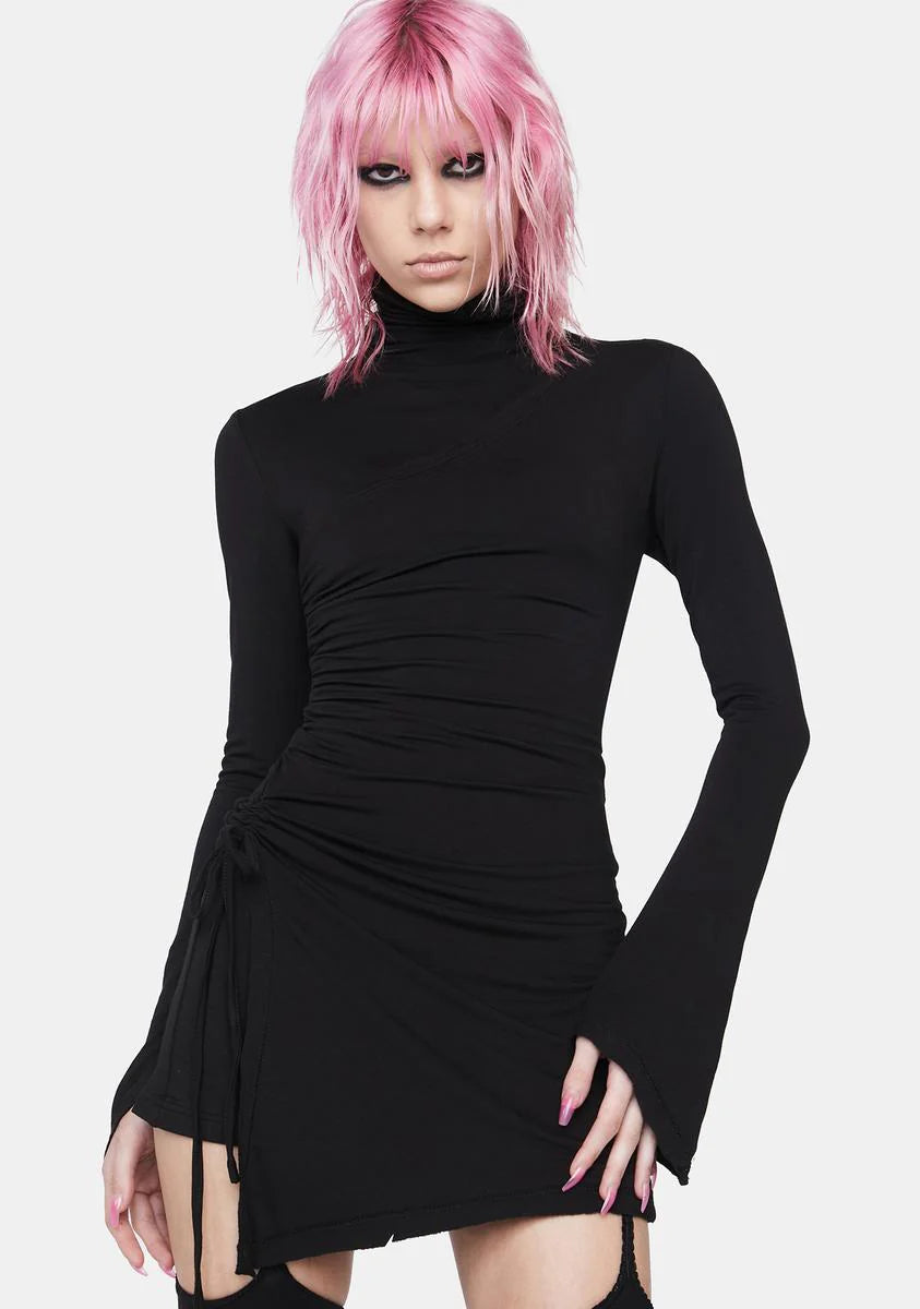 High Collar Pleated Mini Dress