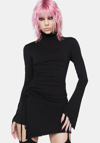 High Collar Pleated Mini Dress