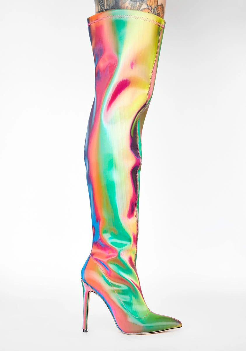 Rainbow Feather Thigh High Boots