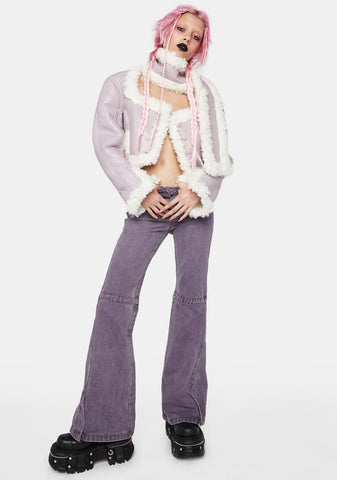 Lilac Leather And White Faux Fur Double Sided Cropped Coat