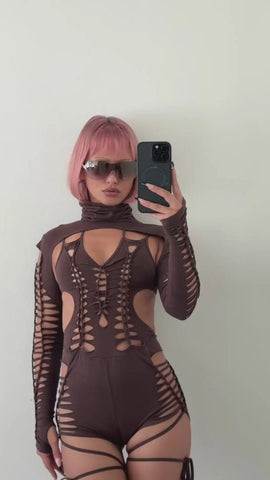 Chord Shredded Romper With Shrug - Brown