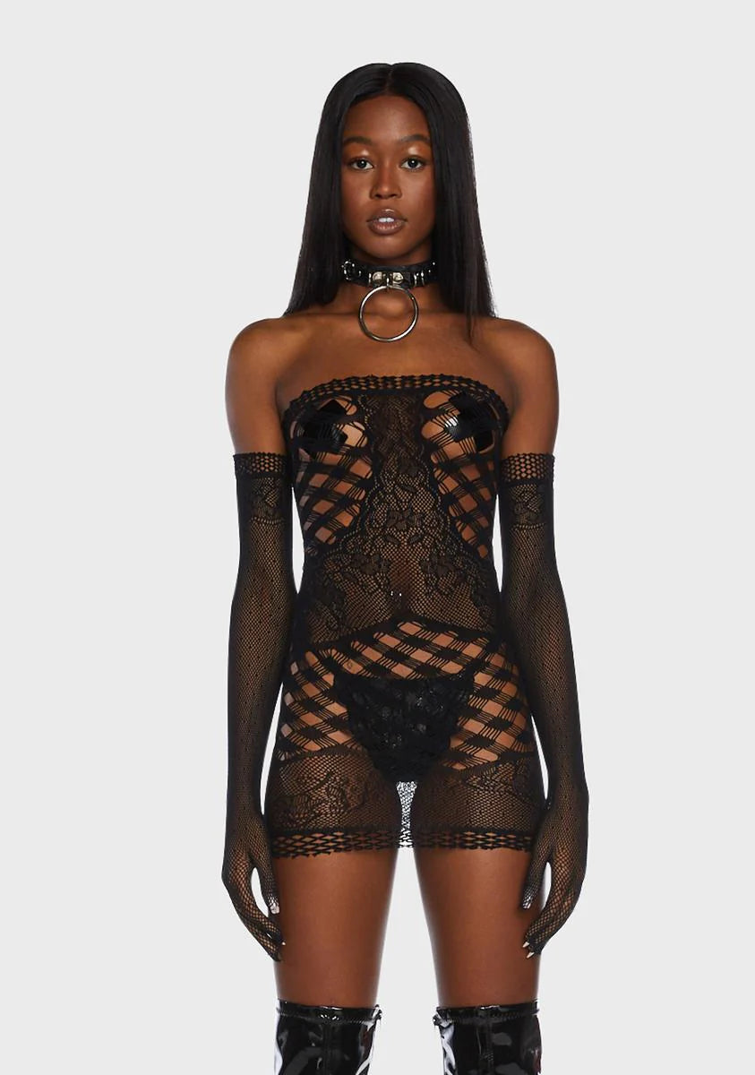 Midnight Finally Playtime Bodystocking Dress With Gloves