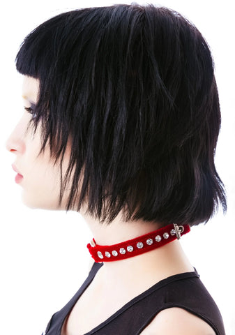 O Face Velvet Crystal Choker - Red