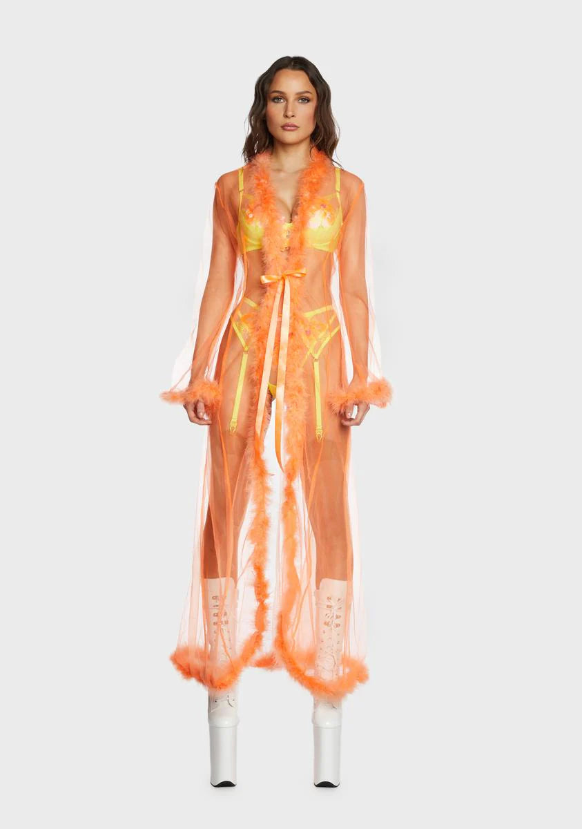 Orange Mistress In Marabou Long Robe