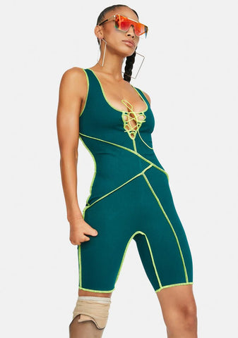 Adventure Driven Contrast Stitch Lace Up Tank Romper