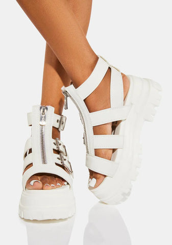 White GLD Zip Platform Sandals