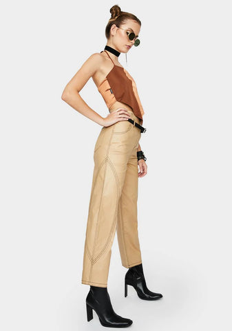 Beige Glossy High Waist Pants