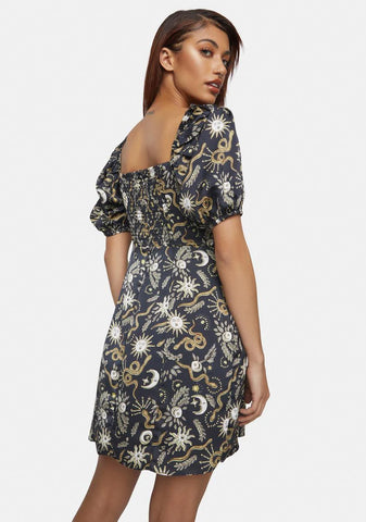 Black Sun Moon Puff Sleeve Mini Dress