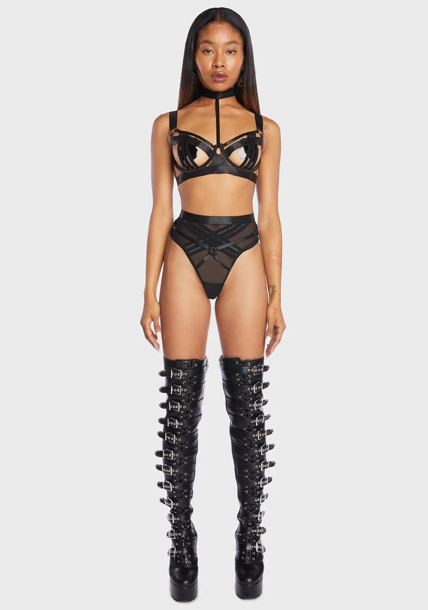 Bondage Stripe 2 Piece Choker Lingerie Set