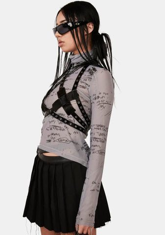 Distortion Writing Print Mesh Harness Top Set