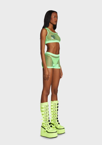 Lime Work It Out Fishnet Shorts Set