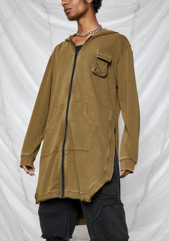 Synth Unisex Washed Olive Long Zip-Up Hoodie