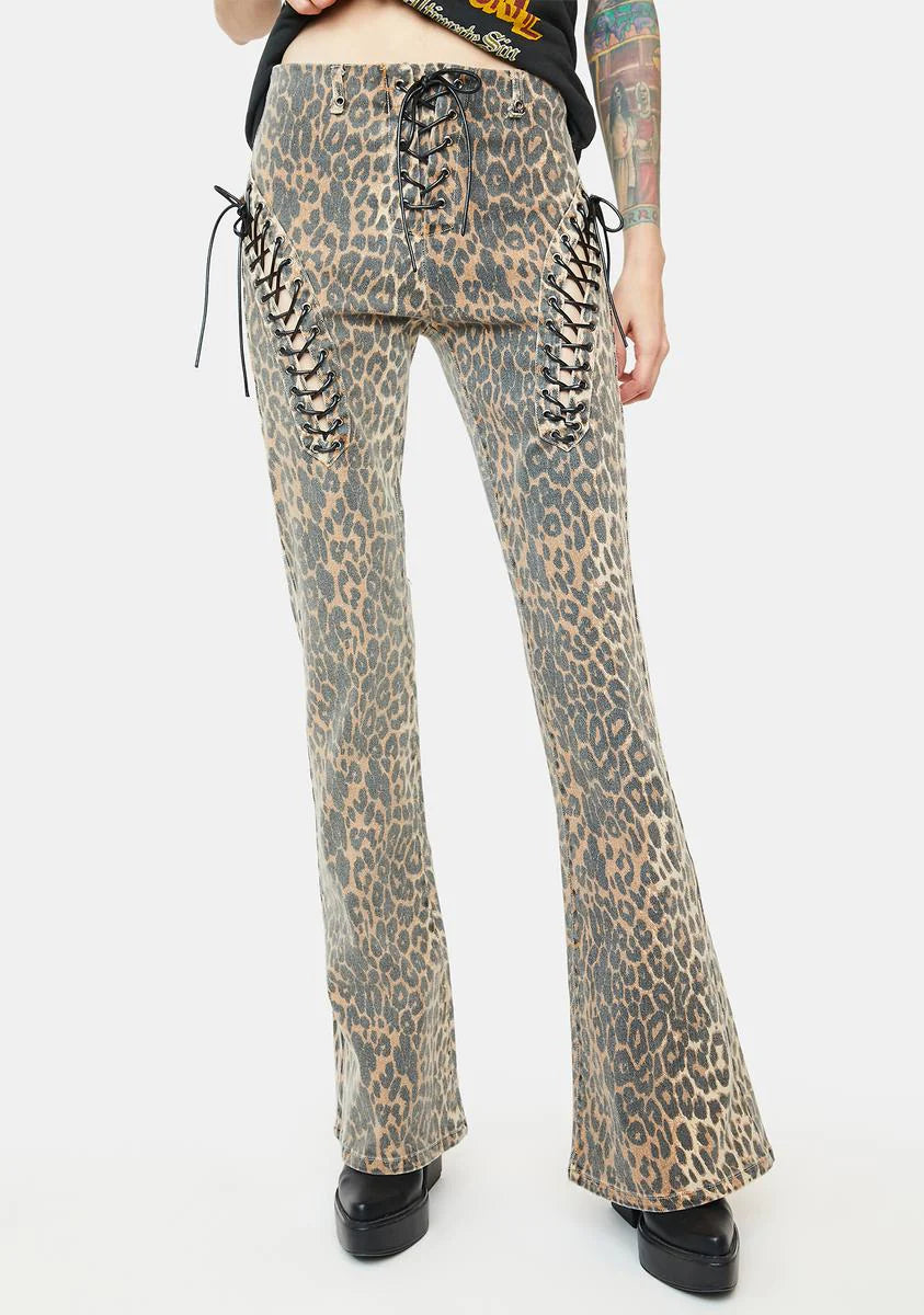 Leopard Lace Up Flared Jeans